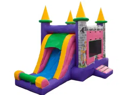 Colorful princess castle bounce house with slide, vibrant design, and medieval details. Perfect for kids' parties. Buy online at an affordable price!