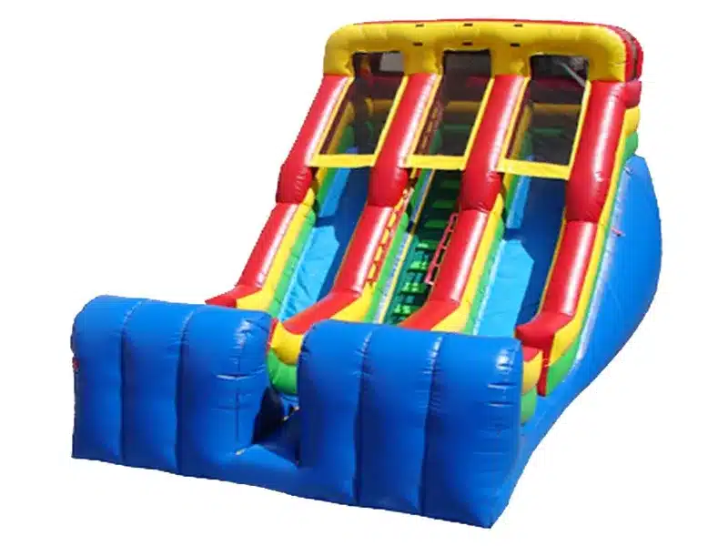 Colorful dual-lane inflatable slide with climbing section and vibrant design. Perfect for parties and events. Buy this fun inflatable slide online today!