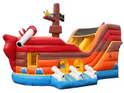 Pirate ship-themed inflatable with slide, cannons, and vibrant red, orange, and blue design. Perfect for adventurous parties. Buy online today!