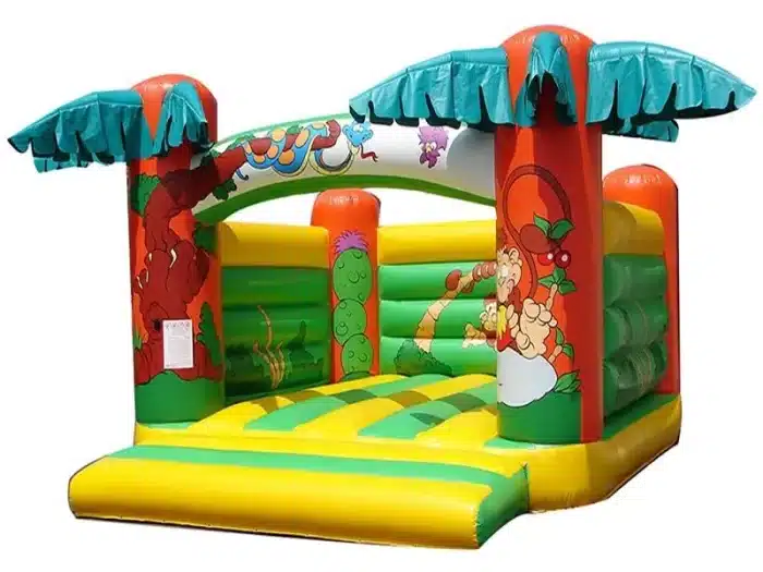 Jungle-themed inflatable bounce house with palm tree designs, vibrant colors, and spacious jumping area. Perfect for kids' parties. Buy online now!