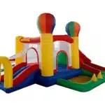 Hot air balloon-themed bounce house with dual slides and play area. Bright, durable, and perfect for kids' parties. Buy online for affordable fun today!