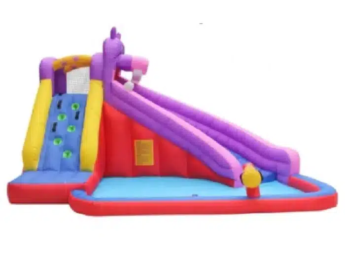 Colorful inflatable bounce house with climbing wall, dual slides, and splash pool. Perfect for kids' outdoor fun. Buy high-quality, affordable online.